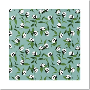 Cute Playing Panda in Green Garden Pattern Posters and Art